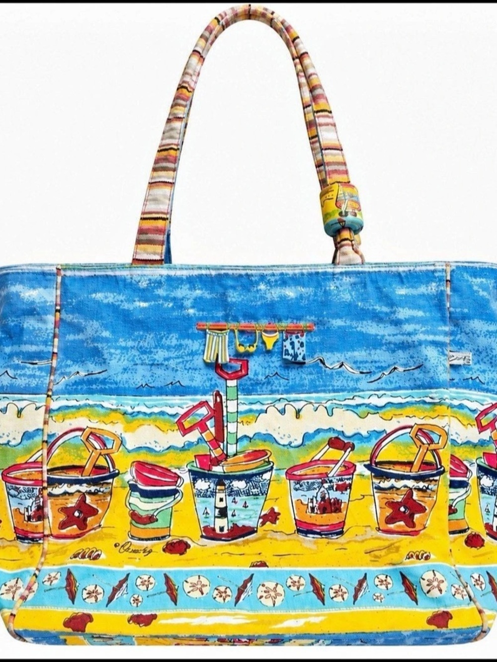 Vintage Quasby Hanging Swimsuits Beach Print Tote in Blue & Yellow
